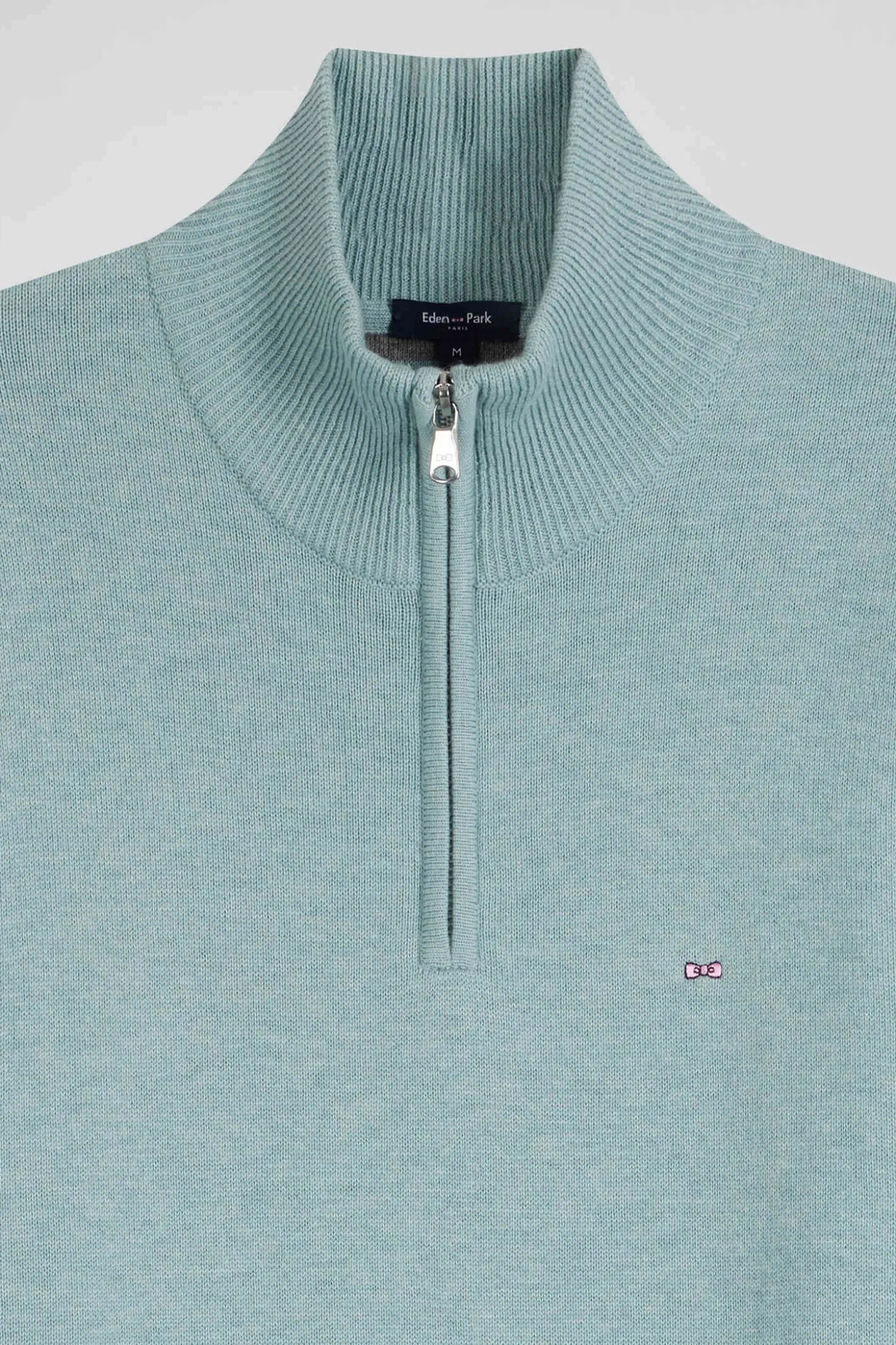 Regular green semi-zipped wool and cotton jumper