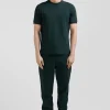 Regular green short-sleeved cotton T-shirt with emblem embroidery