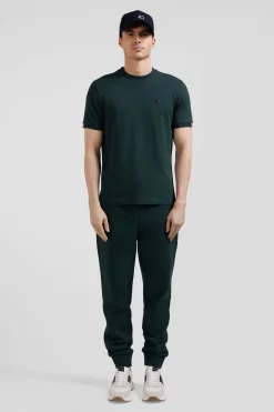 Regular green short-sleeved cotton T-shirt with emblem embroidery