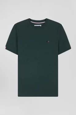 Regular green short-sleeved cotton T-shirt with emblem embroidery