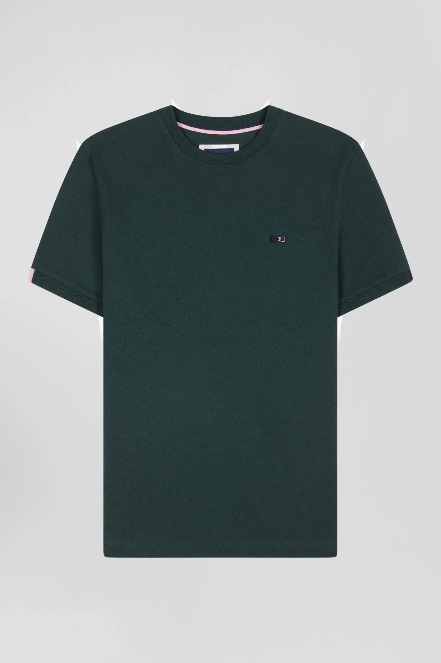 Regular green short-sleeved cotton T-shirt with emblem embroidery