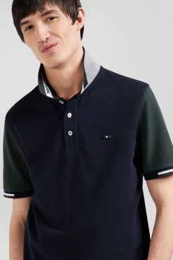 Regular green short-sleeved cotton piqué polo shirt with Eden Park jacquard collar