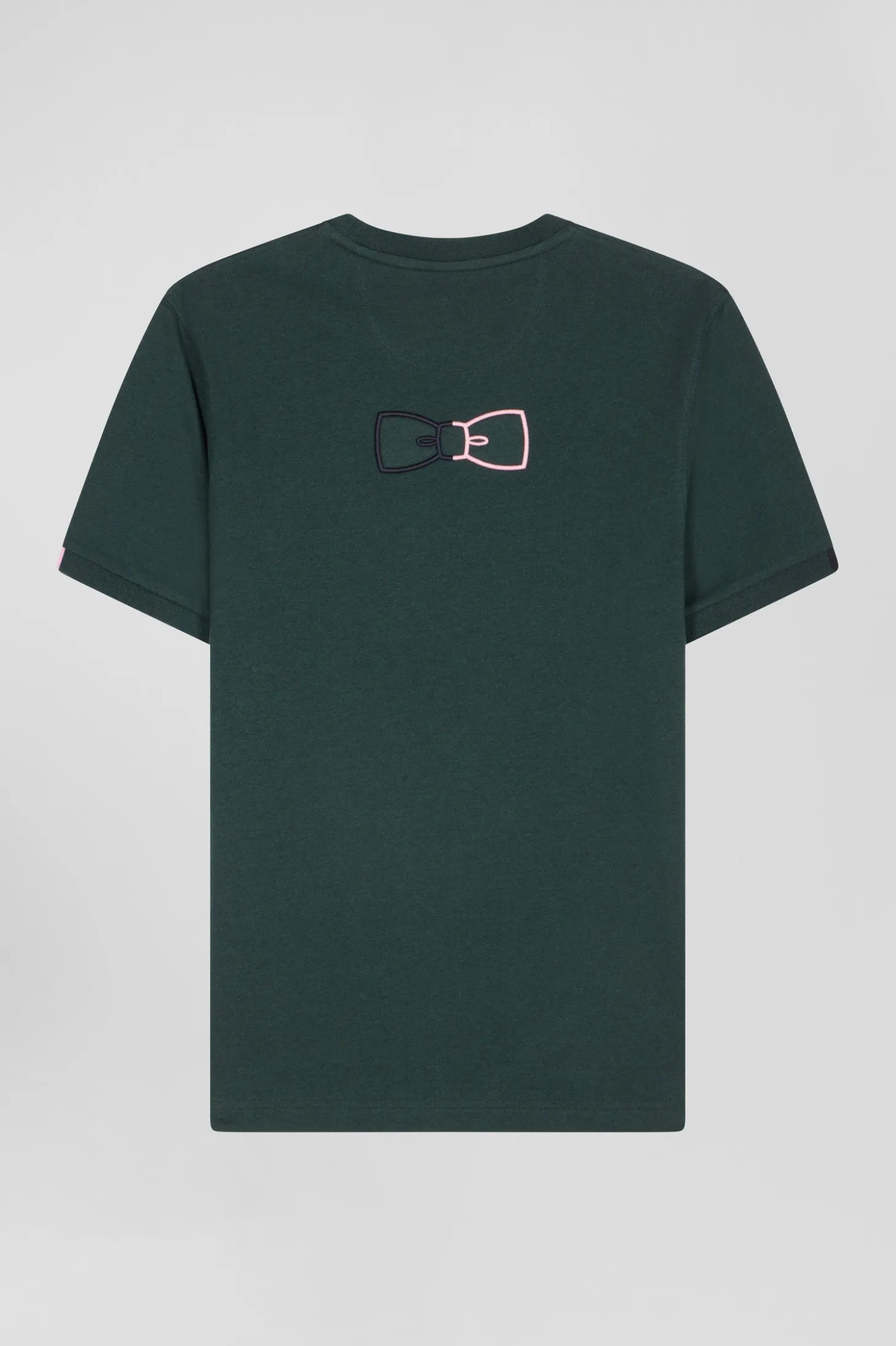 Regular green short-sleeved cotton T-shirt with emblem embroidery