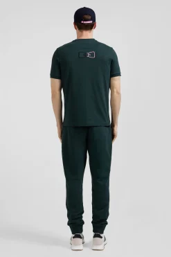 Regular green short-sleeved cotton T-shirt with emblem embroidery