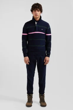 Regular green striped cotton polo neck jumper
