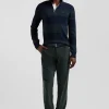 Regular green striped cotton jersey jumper with houndstooth jacquard and and rugby shirt collar