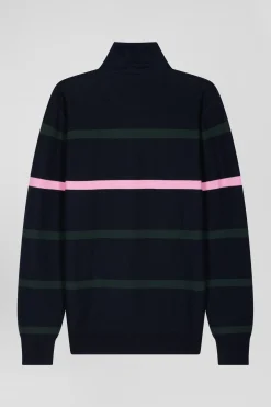 Regular green striped cotton polo neck jumper