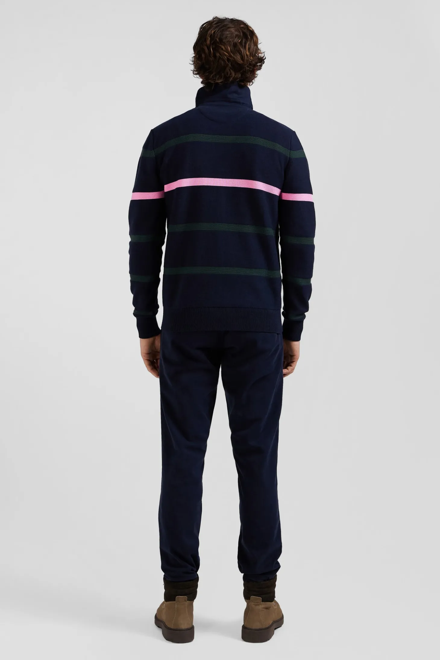 Regular green striped cotton polo neck jumper