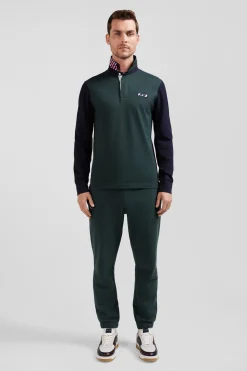 Regular green striped long-sleeved cotton rugby shirt with tie fabric patchwork