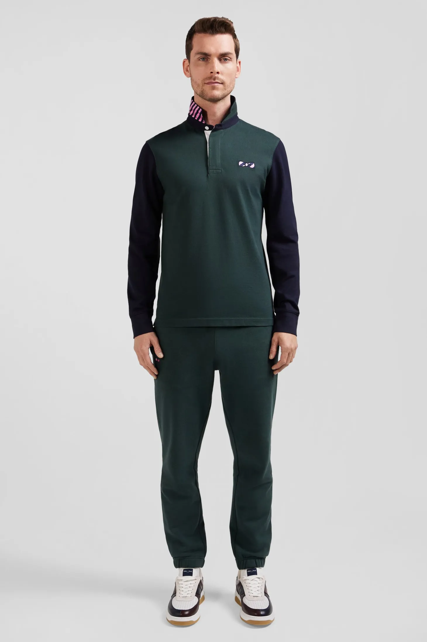 Regular green striped long-sleeved cotton rugby shirt with tie fabric patchwork