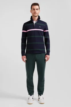 Regular green striped long-sleeved cotton rugby shirt with back embroidery