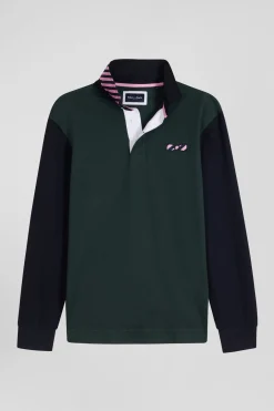 Regular green striped long-sleeved cotton rugby shirt with tie fabric patchwork