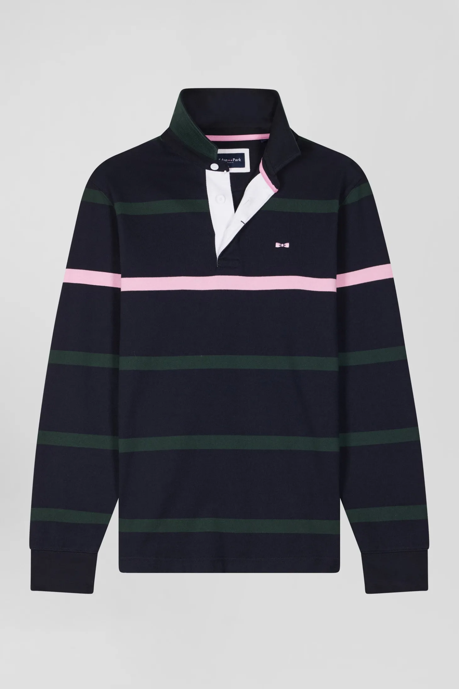 Regular green striped long-sleeved cotton rugby shirt with back embroidery