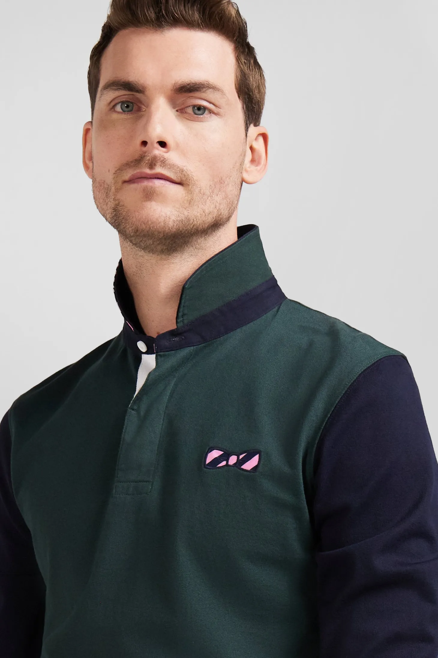 Regular green striped long-sleeved cotton rugby shirt with tie fabric patchwork