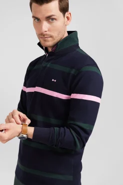 Regular green striped long-sleeved cotton rugby shirt with back embroidery
