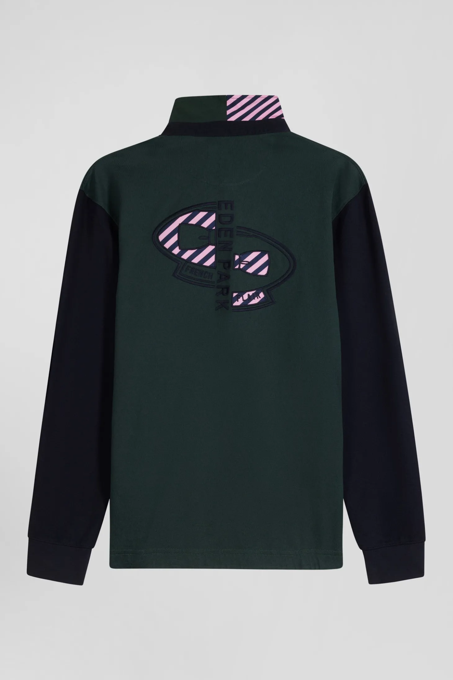 Regular green striped long-sleeved cotton rugby shirt with tie fabric patchwork