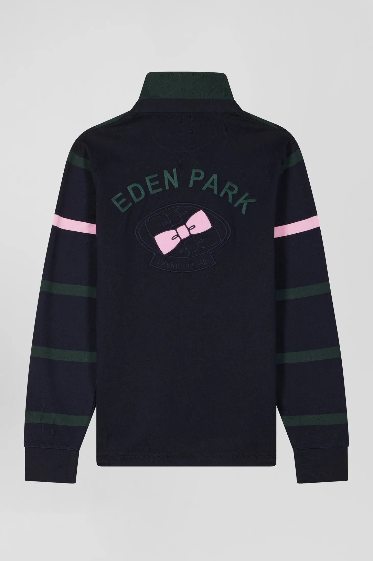 Regular green striped long-sleeved cotton rugby shirt with back embroidery