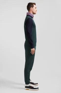 Regular green striped long-sleeved cotton rugby shirt with tie fabric patchwork