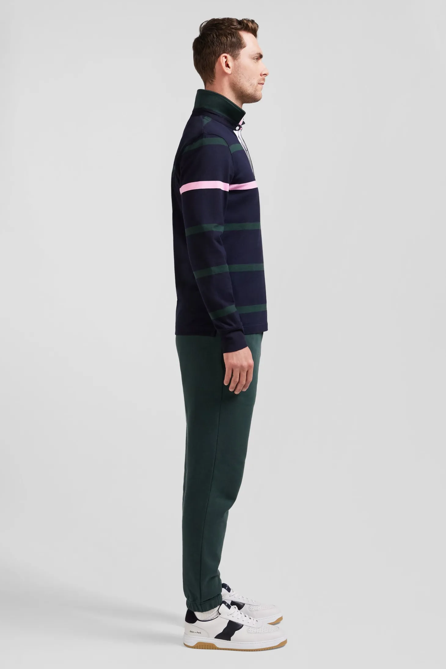 Regular green striped long-sleeved cotton rugby shirt with back embroidery
