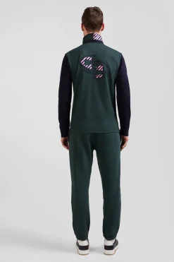 Regular green striped long-sleeved cotton rugby shirt with tie fabric patchwork