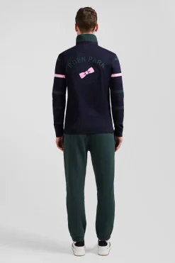 Regular green striped long-sleeved cotton rugby shirt with back embroidery