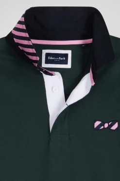 Regular green striped long-sleeved cotton rugby shirt with tie fabric patchwork