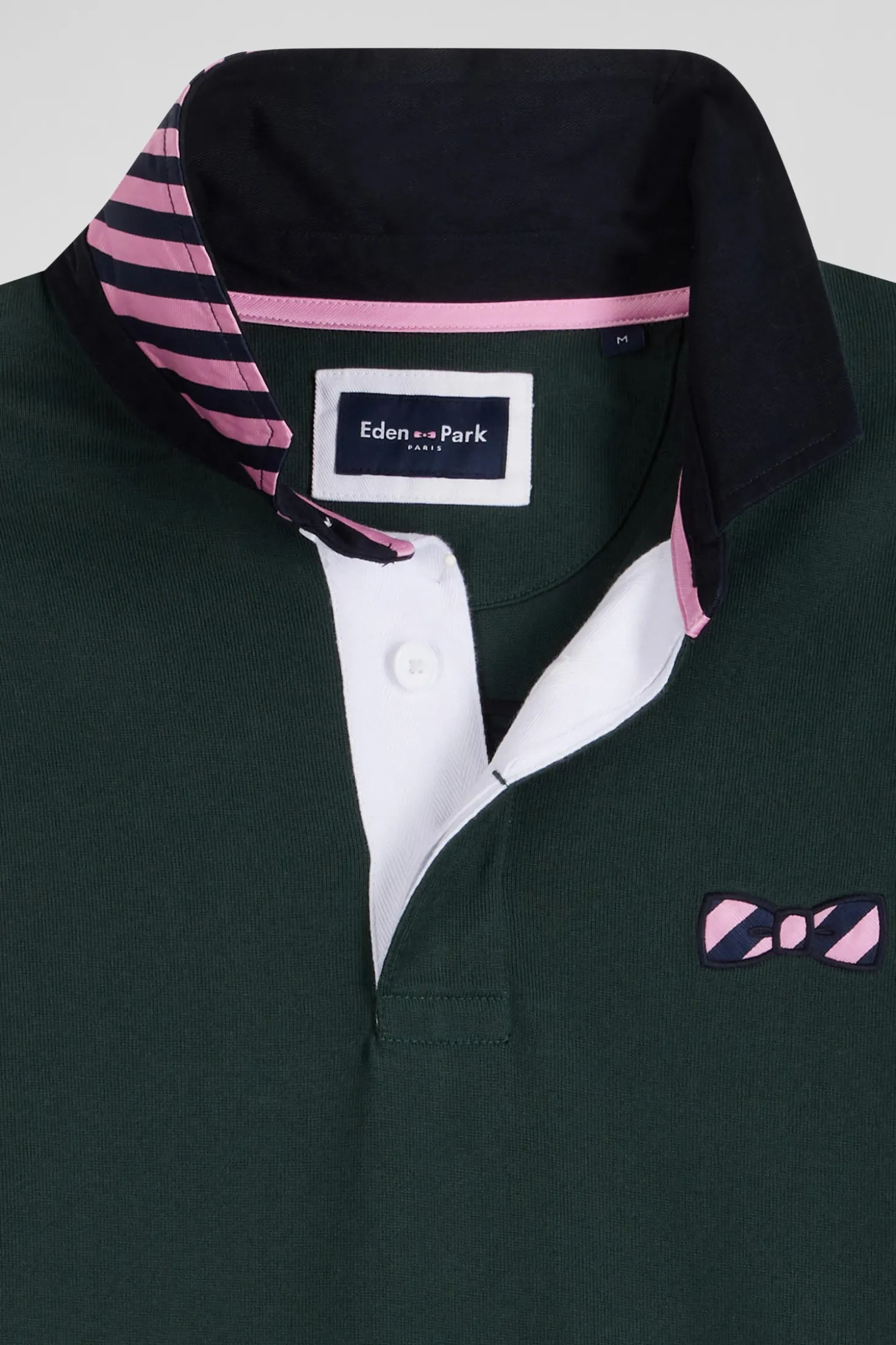 Regular green striped long-sleeved cotton rugby shirt with tie fabric patchwork