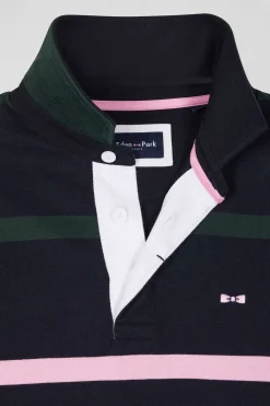 Regular green striped long-sleeved cotton rugby shirt with back embroidery