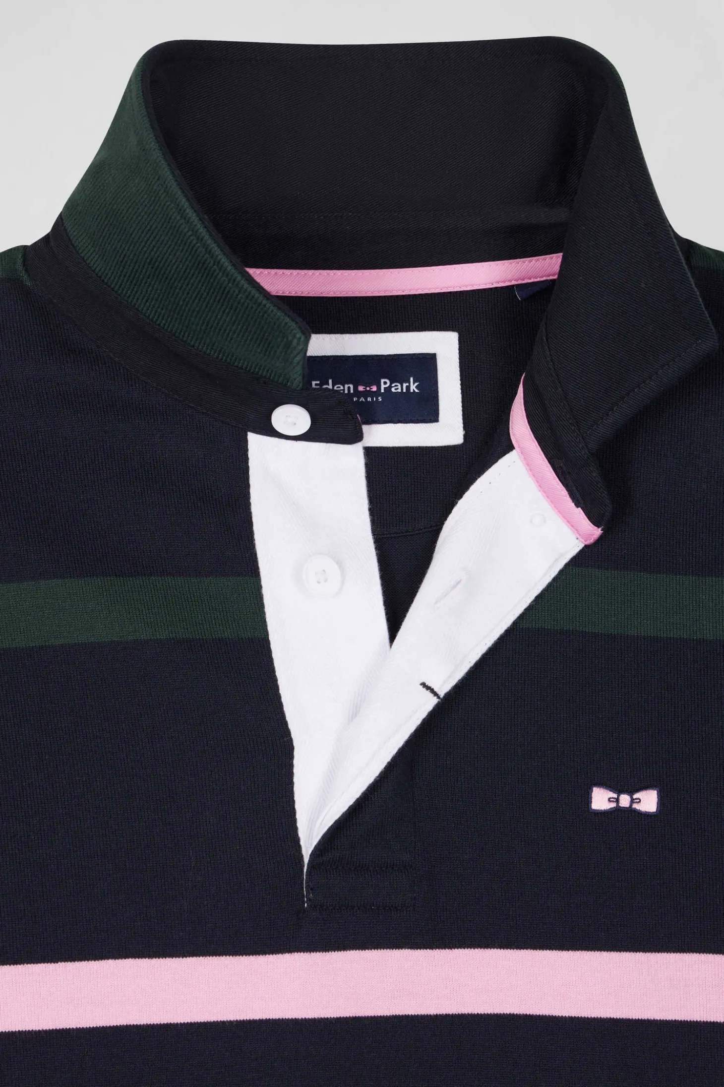 Regular green striped long-sleeved cotton rugby shirt with back embroidery