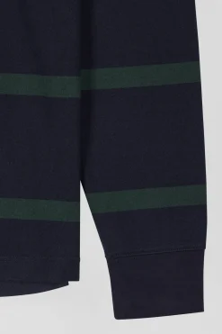 Regular green striped long-sleeved cotton rugby shirt with back embroidery