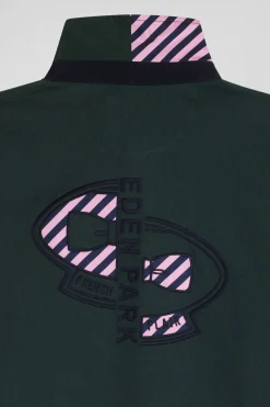 Regular green striped long-sleeved cotton rugby shirt with tie fabric patchwork