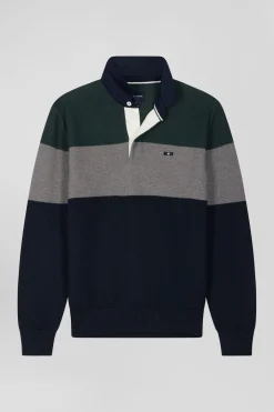 Regular green wool and cotton jumper with knit patterns and rugby shirt collar