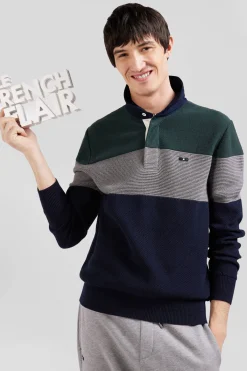 Regular green wool and cotton jumper with knit patterns and rugby shirt collar