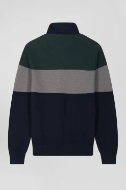 Regular green wool and cotton jumper with knit patterns and rugby shirt collar
