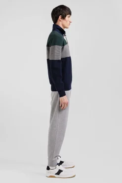 Regular green wool and cotton jumper with knit patterns and rugby shirt collar