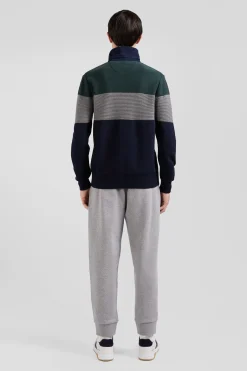 Regular green wool and cotton jumper with knit patterns and rugby shirt collar