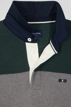 Regular green wool and cotton jumper with knit patterns and rugby shirt collar