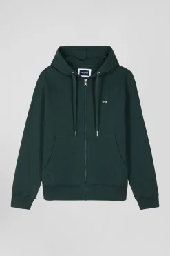 Regular green zipped brushed cotton fleece hoodie