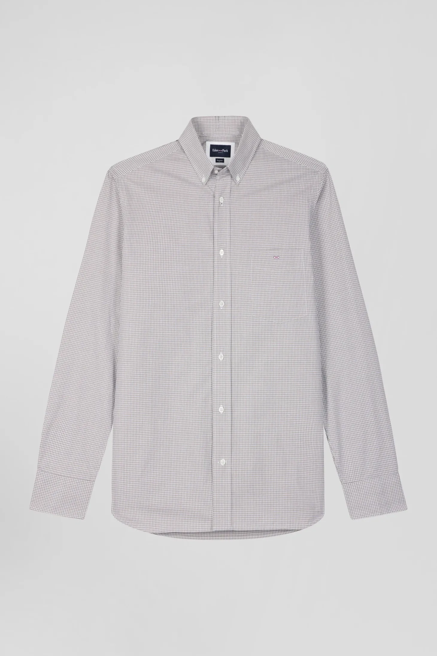 Regular greige cotton shirt with micro checks