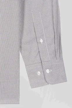 Regular greige cotton shirt with micro checks