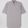 Regular greige cotton short-sleeved shirt with micro checks