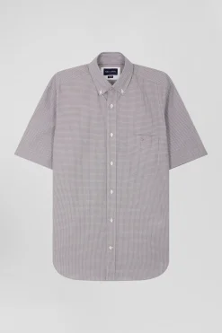 Regular greige cotton short-sleeved shirt with micro checks