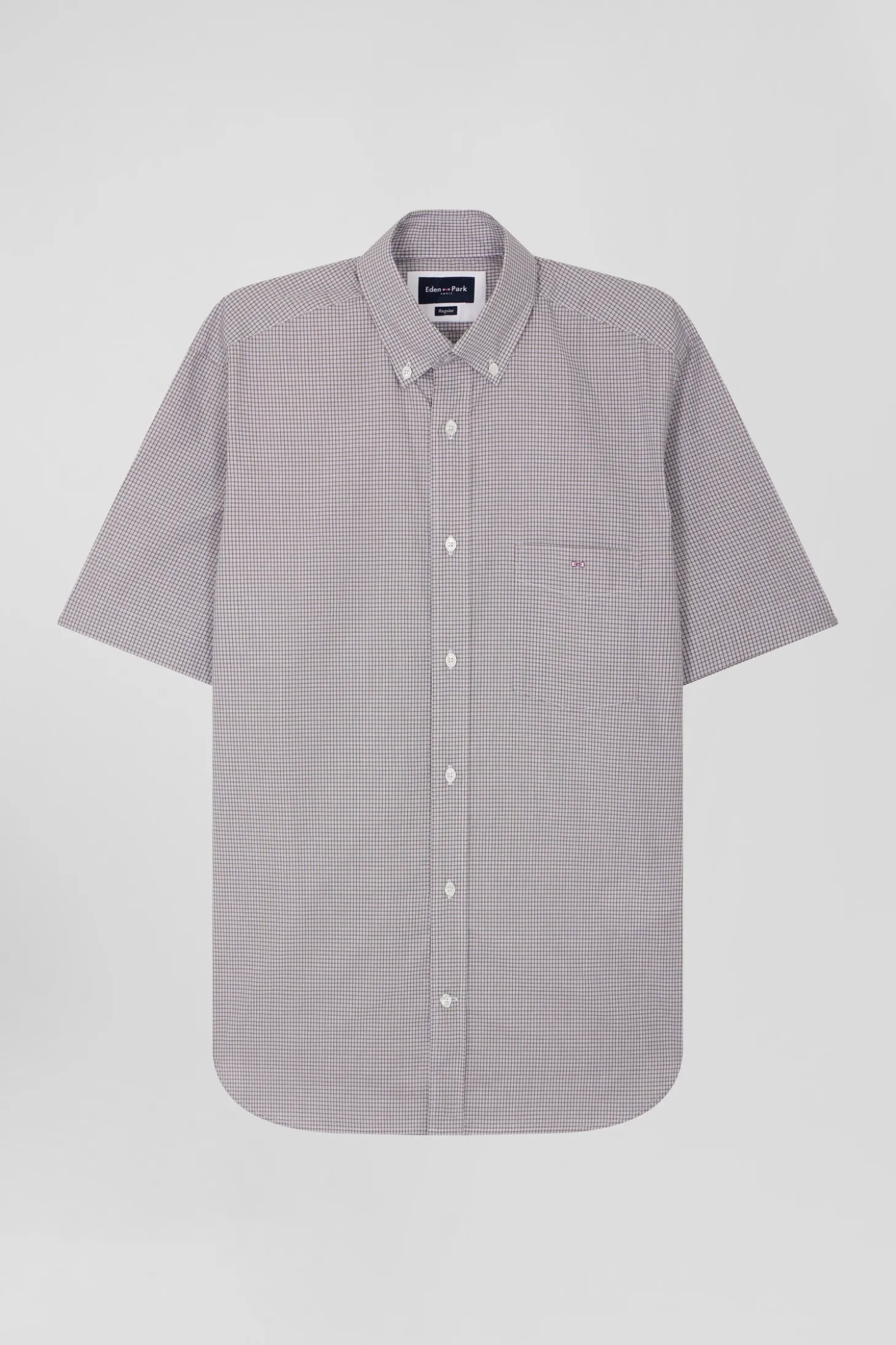 Regular greige cotton short-sleeved shirt with micro checks
