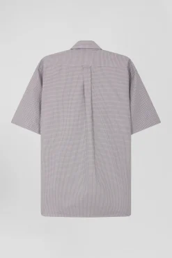 Regular greige cotton short-sleeved shirt with micro checks