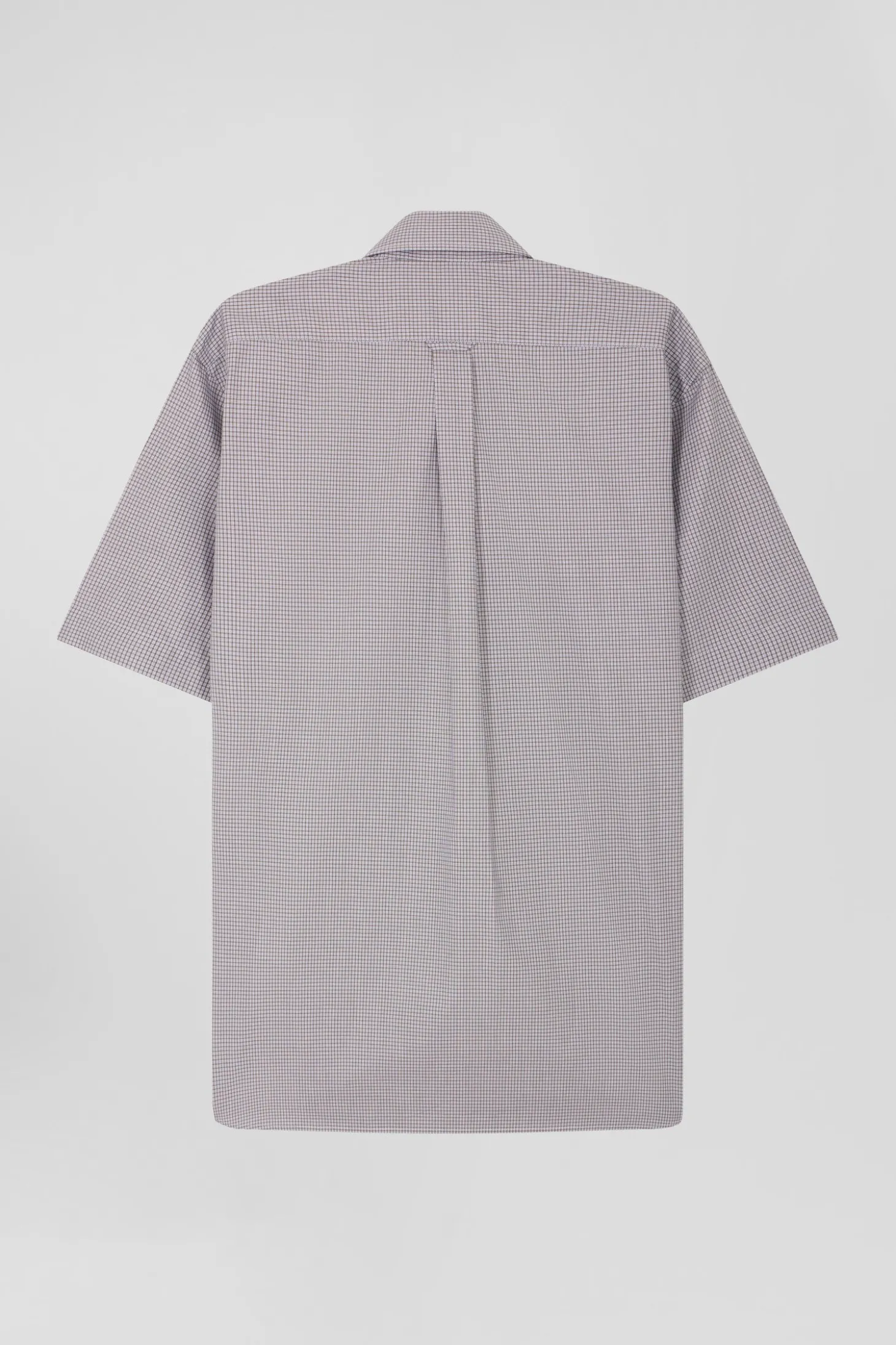 Regular greige cotton short-sleeved shirt with micro checks