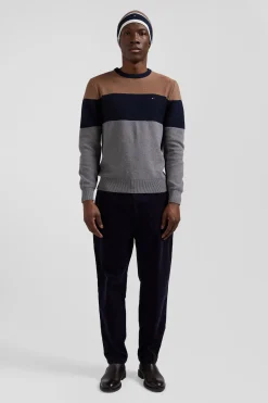 Regular grey and camel cotton crew neck jumper with knit patterns