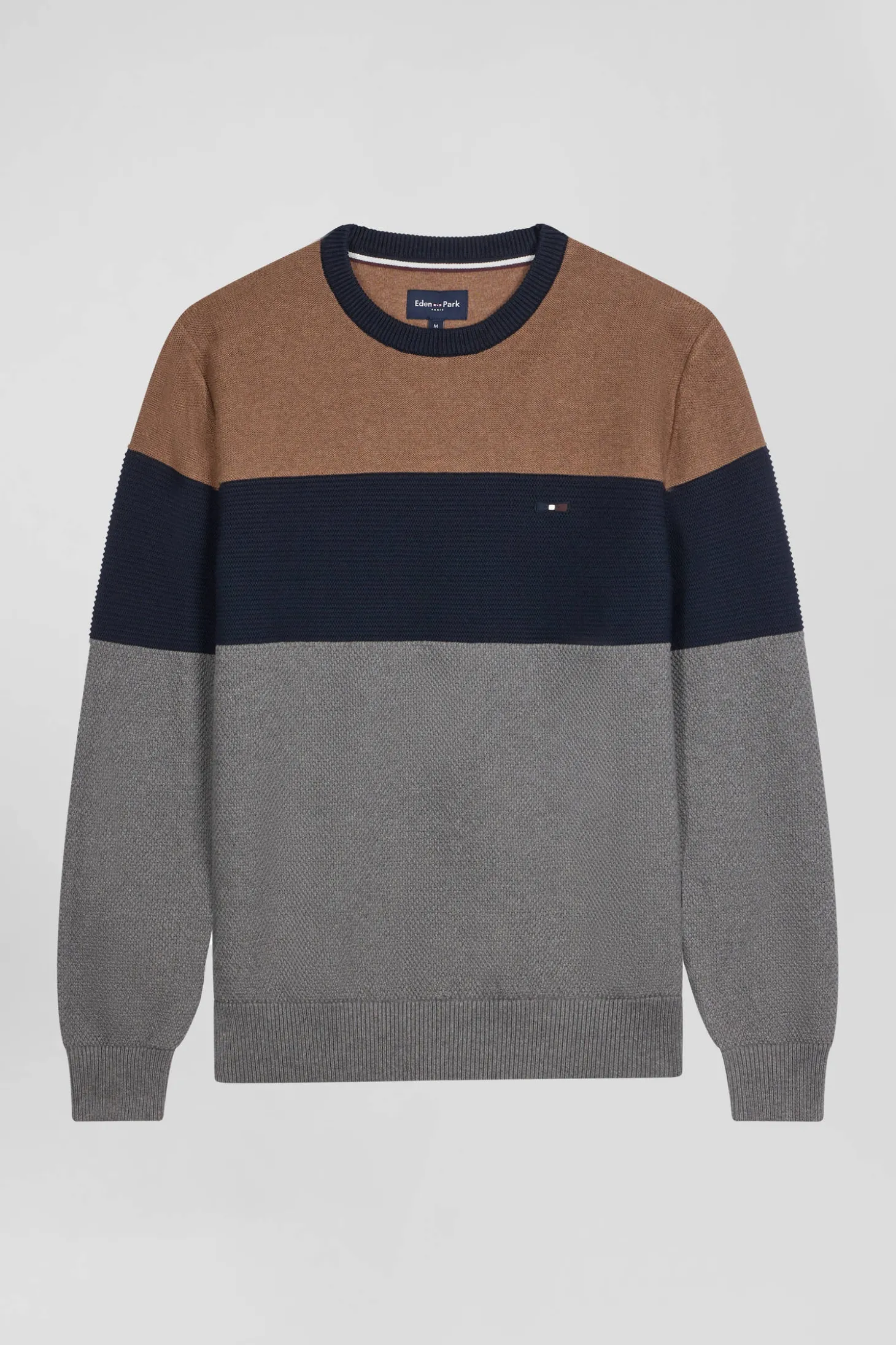 Regular grey and camel cotton crew neck jumper with knit patterns