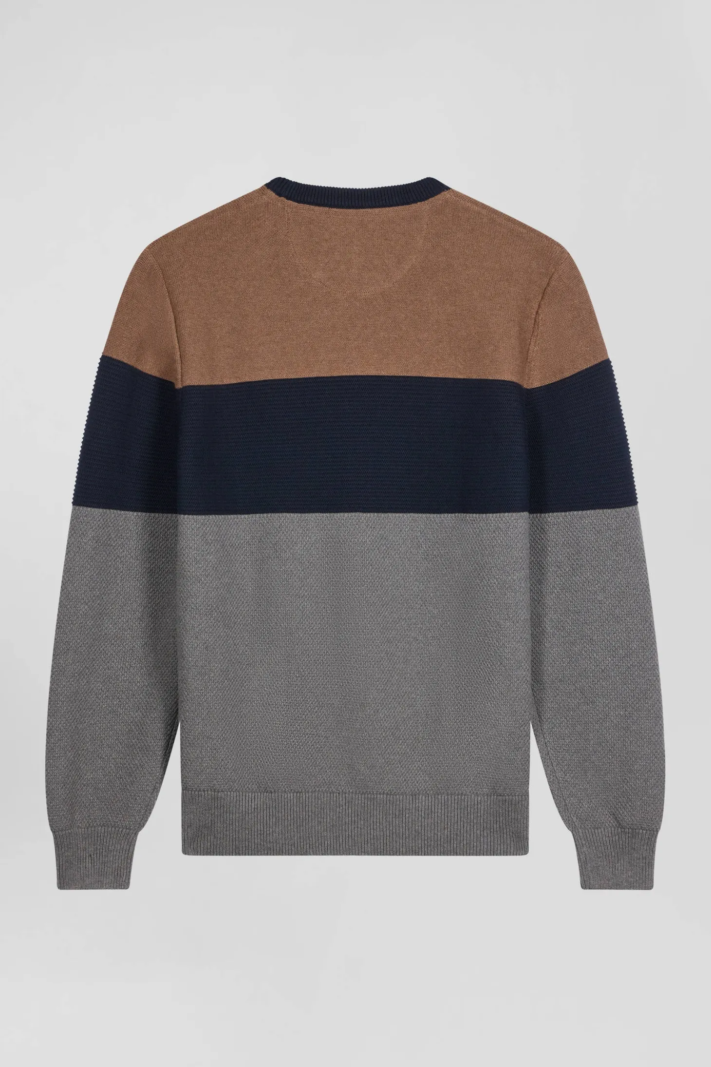 Regular grey and camel cotton crew neck jumper with knit patterns