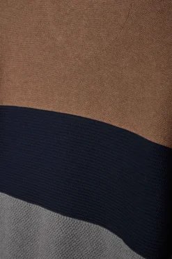 Regular grey and camel cotton crew neck jumper with knit patterns
