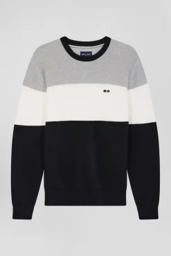 Regular grey and white cotton crew neck jumper with knit patterns